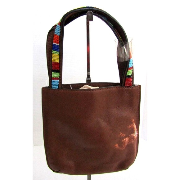 Fossil Mini Bag Brown Pebbled Leather Beaded Rainbow Straps NWOT - Picture 1 of 4